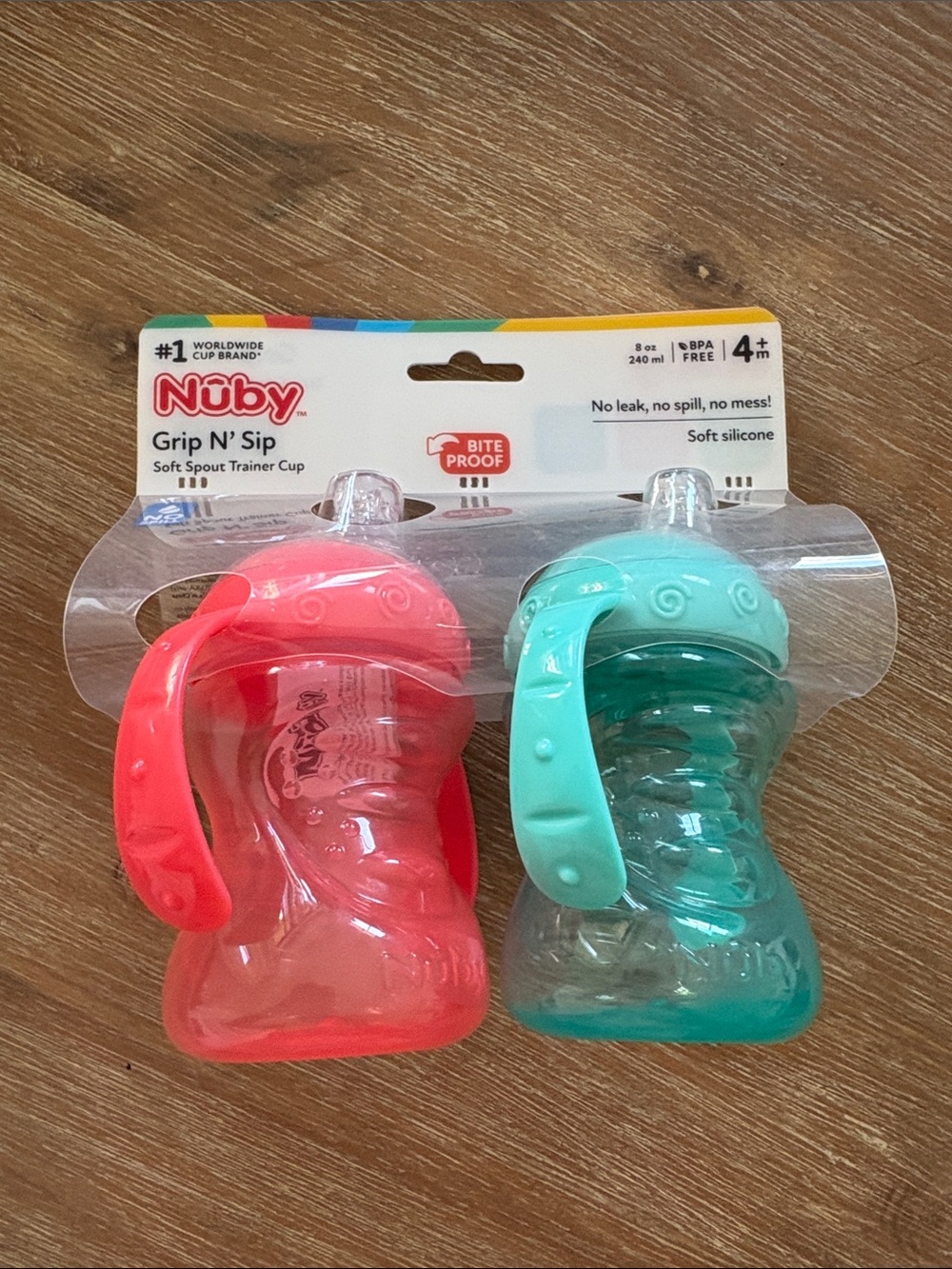 New Sealed Nuby Grip N' Sip Soft Spout Trainer Cups - Coral & Teal